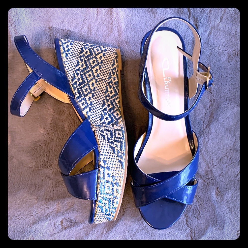 CL by Laundry Patent Navy Blue Wedge Sandals